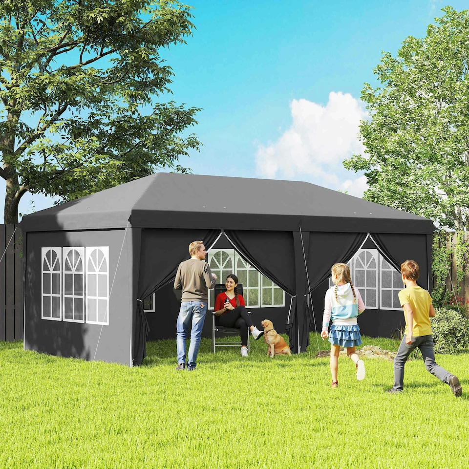 image 1 of Outsunny 3 x 6 m Garden Pop Up Gazebo, Wedding Party Tent Marquee, Water Resistant Awning Canopy with Sidewalls, Windows, Carry Bag, Black