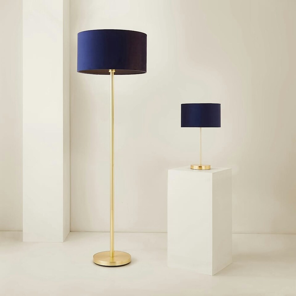 image 1 of ValueLights Charlie Gold Table Lamp Navy Velvet Shade 