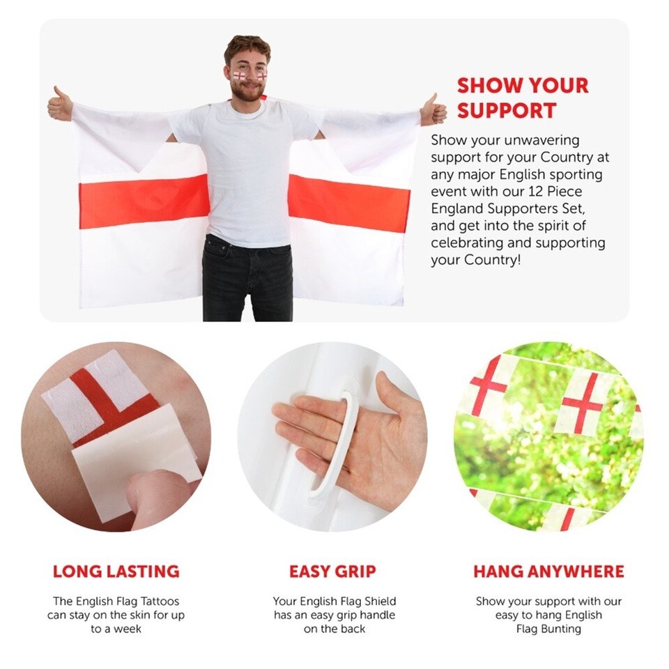 image 1 of Pack of 1 12 Piece England Set - Bunting, Flags, Tattoos, Hats & Inflatables Red | One Size