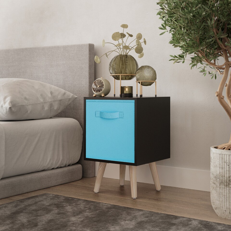 image 1 of Black 1-Drawer Cube Shelving Unit with Scandinavian Legs | Blue | Sky Blue & Pine | 1