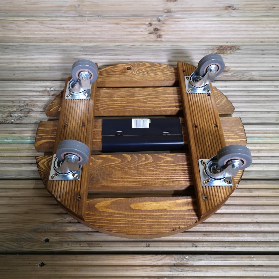 image 1 of Tom Chambers Handcrafted Heavy Duty Round Traditional Wood Garden Patio Plant Flower Pot Stand Caddy Trolley Dolly on Strong Metal Castor Wheels 30cm | Brown | Brown