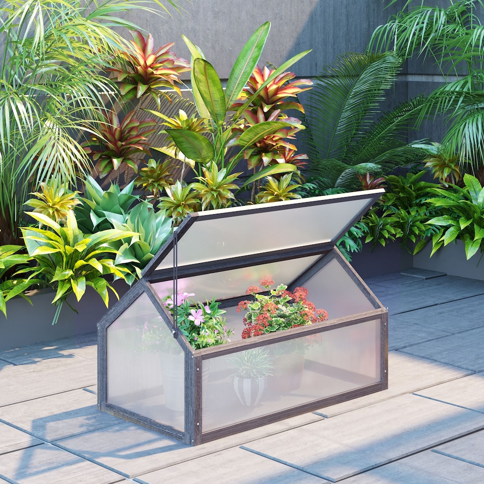 image 1 of Outsunny Wooden Cold Frame Greenhouse Garden Polycarbonate Grow House, Grey