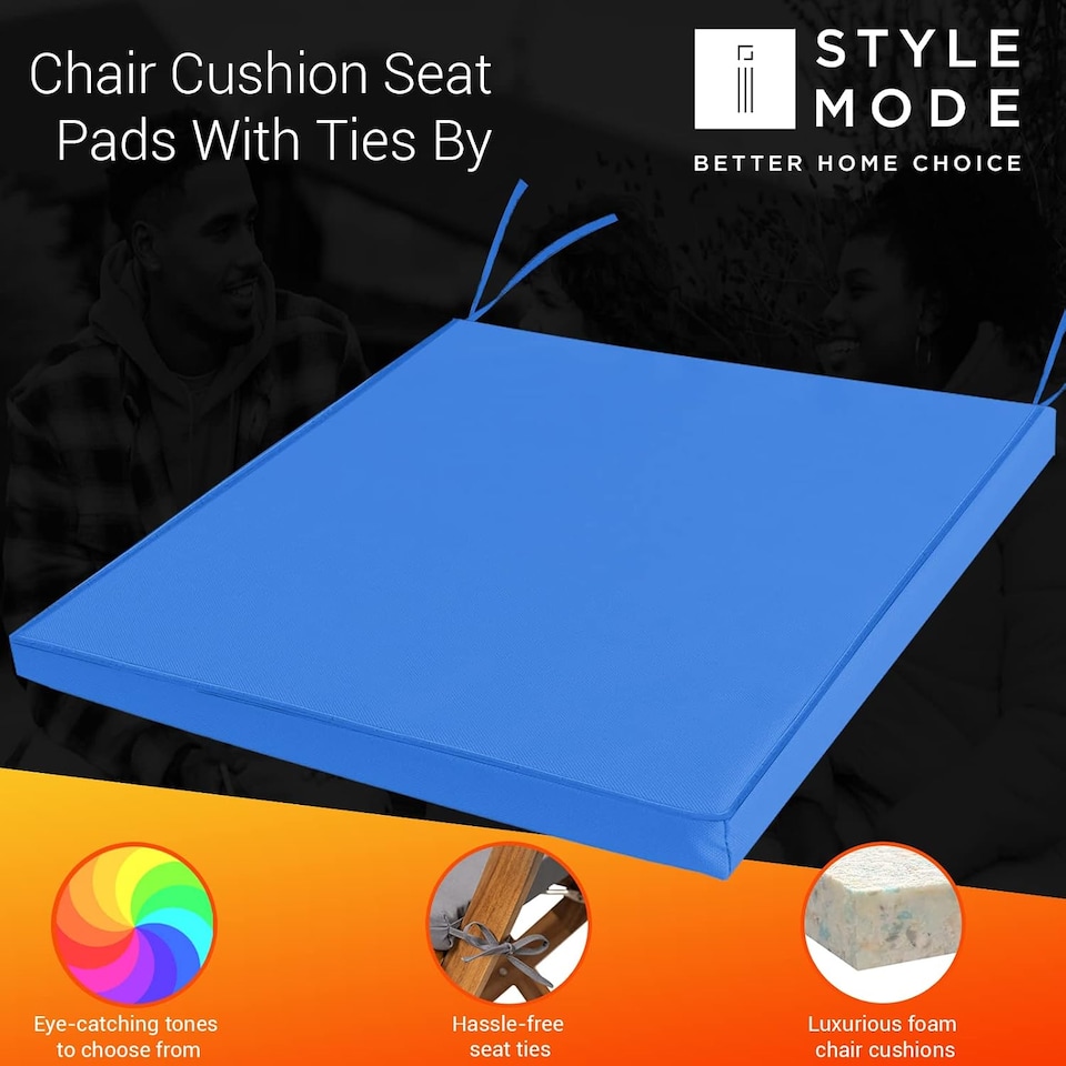 image 1 of Water Resistant Chair Cushions with Ties | Indoor & Outdoor Seat Pads | 44cm x 50cm | Blue | (Pack of 1)