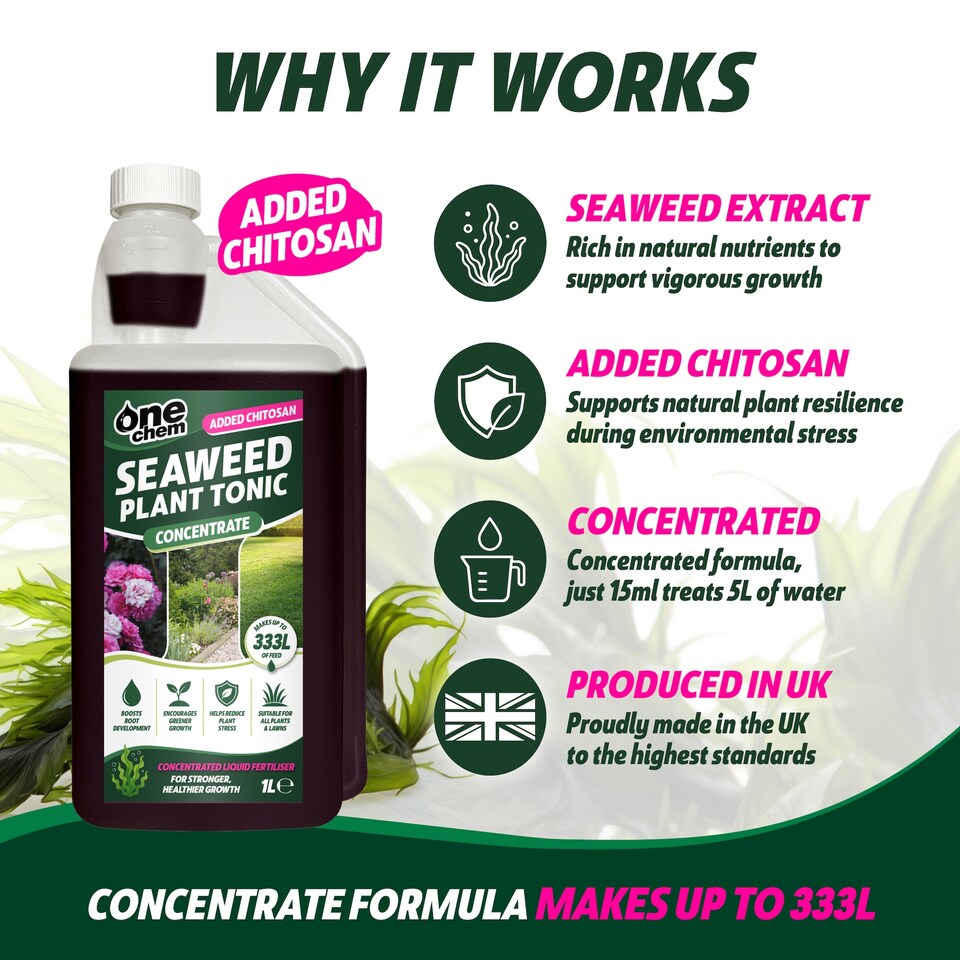 image 1 of One Chem Seaweed Plant Tonic Concentrate 1L- with Chitosan - Makes up to 333L - Boosts Root Development - Reduces Plant Stress - Flowers - Veg & Lawns - Liquid Fertiliser