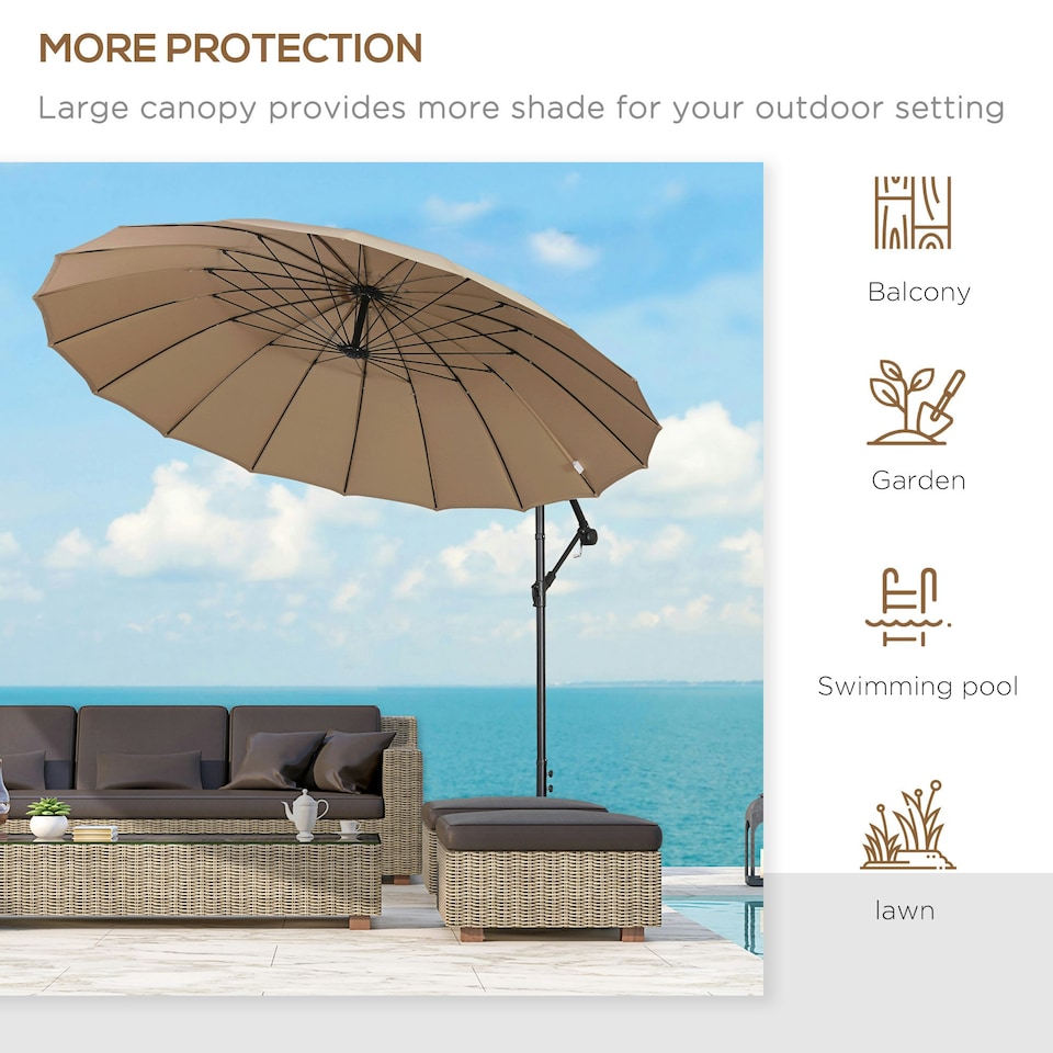 image 1 of Outsunny 3(m) Cantilever Shanghai Parasol w/ Crank Handle, Cross Base, Khaki