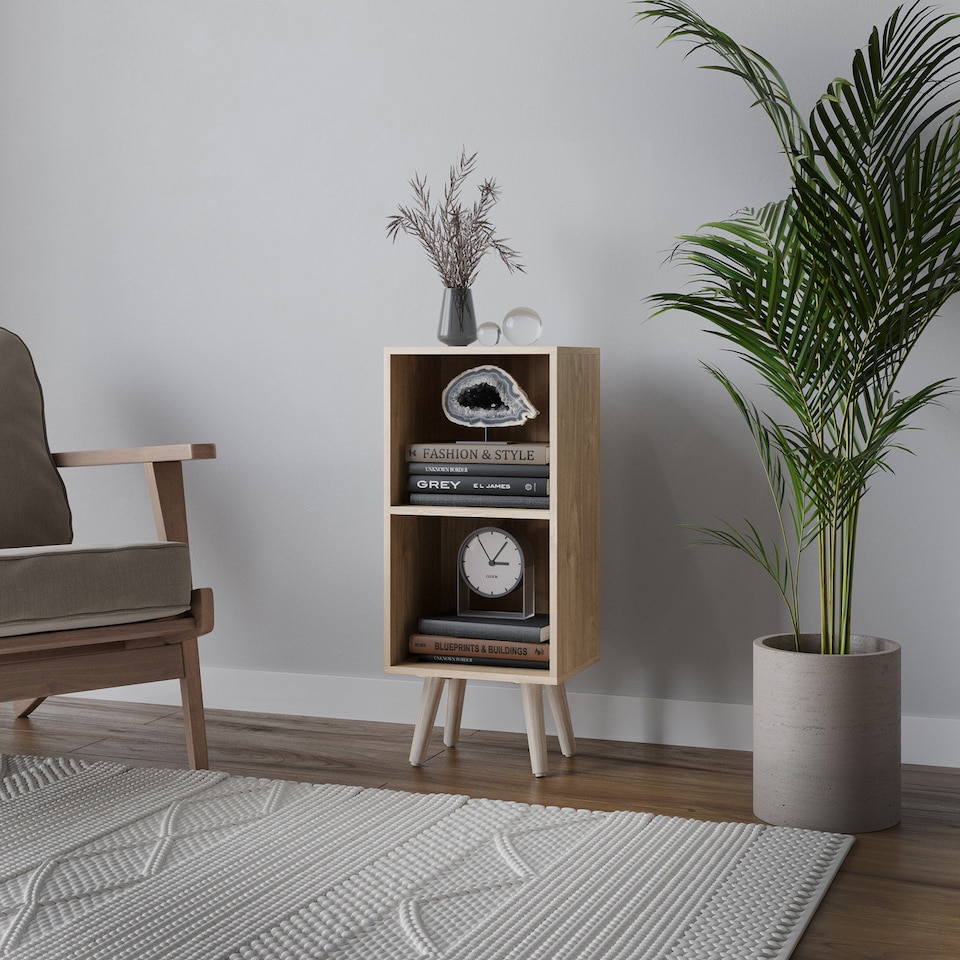 image 1 of 2-Tier Cube Display Cabinet with Scandinavian Legs | Brown | Oak & Pine | 1