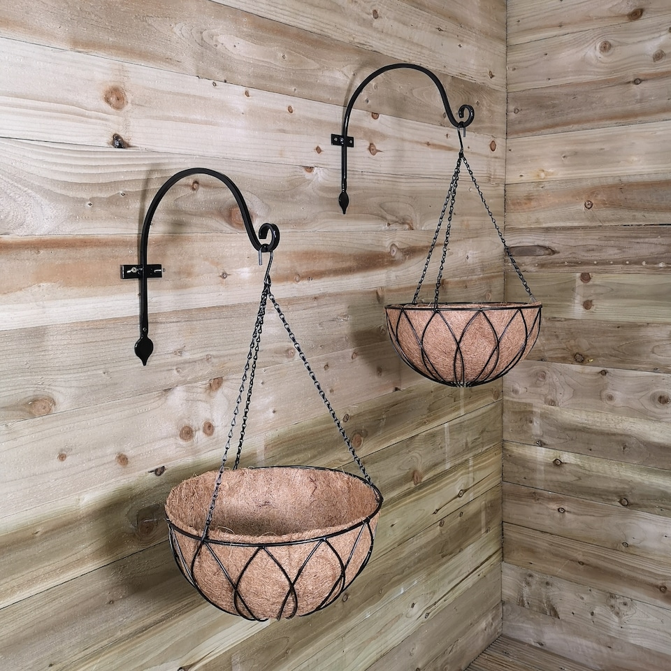 image 1 of Pack of 2 Tom Chambers Black Lattice Metal Garden Hanging Basket with WaterSave Coco Fibre Liner 35cm - Without Bracket | Black | Black