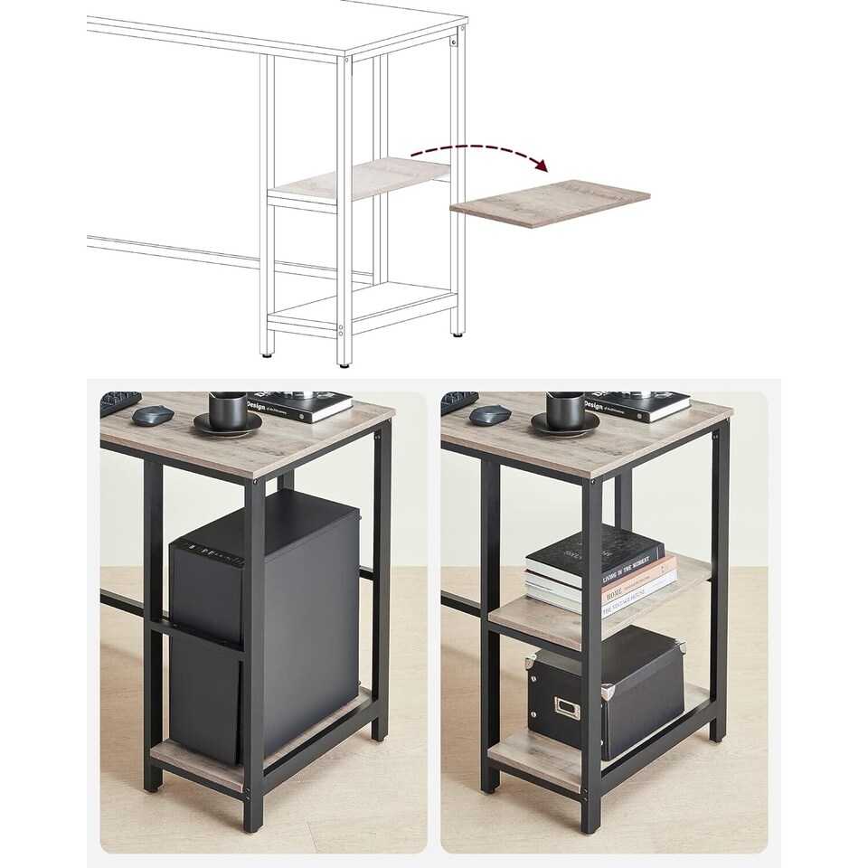 image 1 of Corner Office L-Shaped Computer Desk with Storage Shelves, Greige and Black