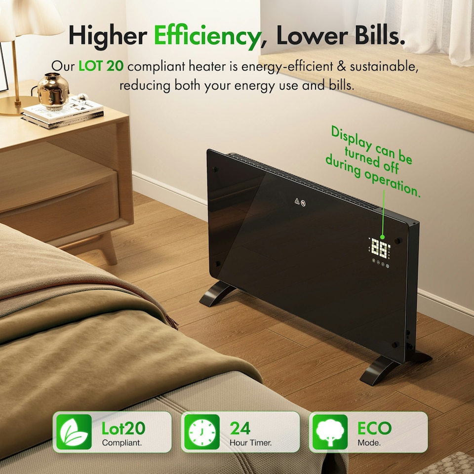 image 1 of VonHaus Electric Heater 2000W Glass Panel Radiator with WiFi