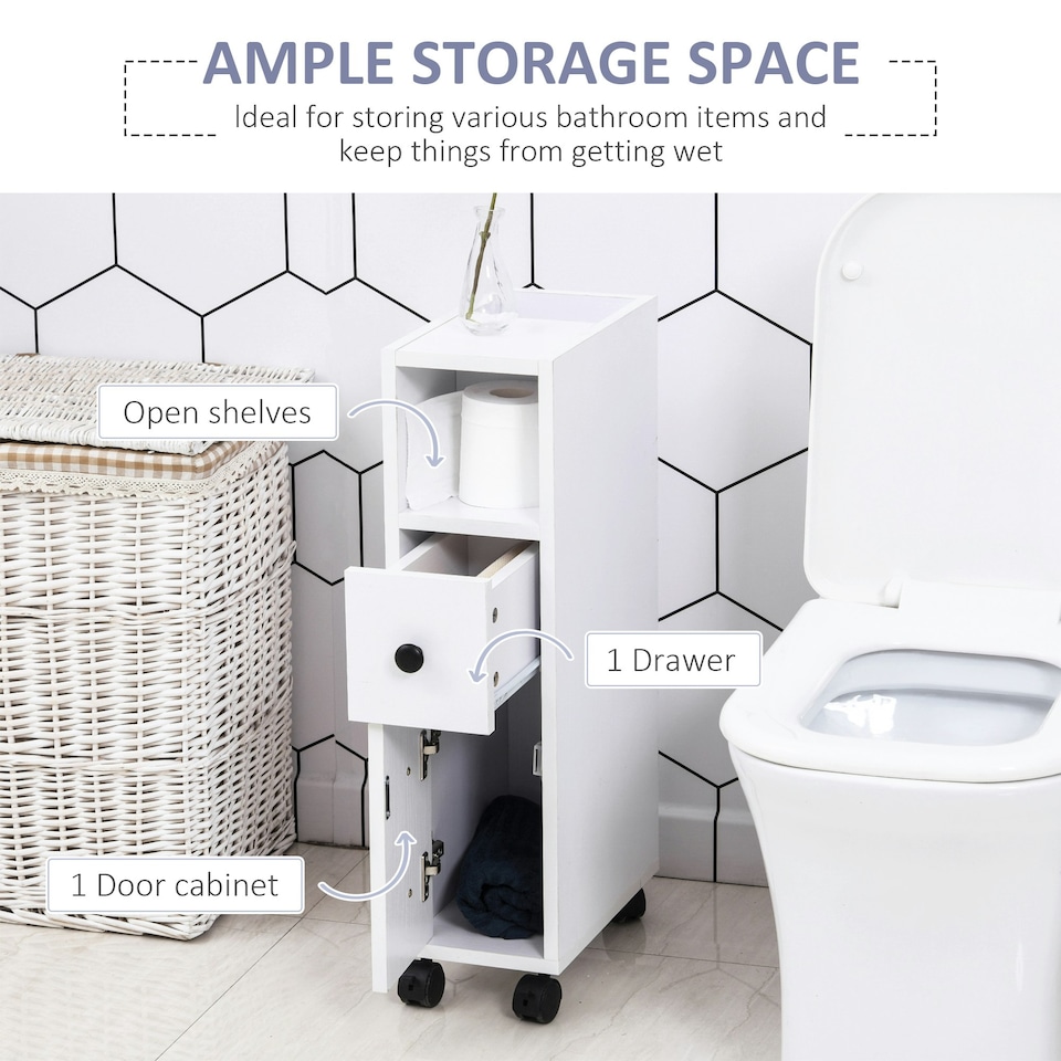 image 1 of kleankin Slim Bathroom Storage with 2 Drawers, 2 Open and Wheels, White
