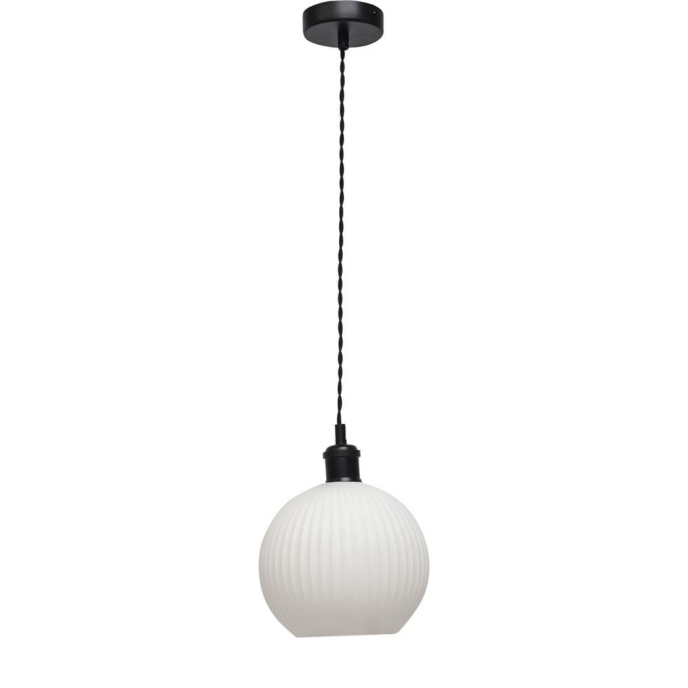 First Choice Lighting Betchley - White Ribbed Glass Globe Black Retro Pendant Fitting