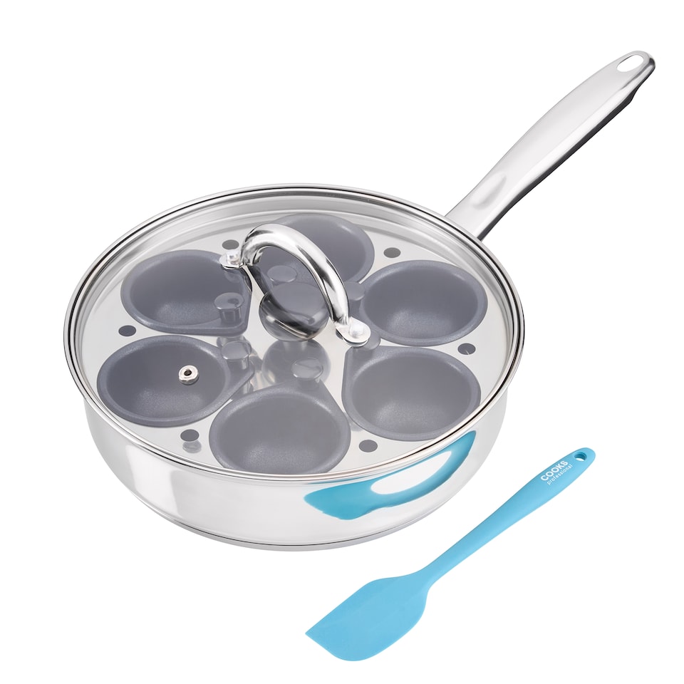 image 1 of Cooks Professional Stainless Steel Egg Poacher Pan with Lid & Spatula - 2, 4 or 6 Cup