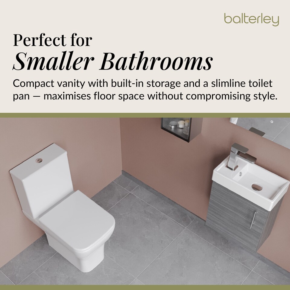 image 1 of Balterley Saint Cloakroom Set - Wall Hung Vanity Basin Unit, Toilet Pan, Cistern, Seat & Mini Basin Tap - Balterley | White | Grey Woodgrain | 520.0000 x 405.0000 x 222.0000mm