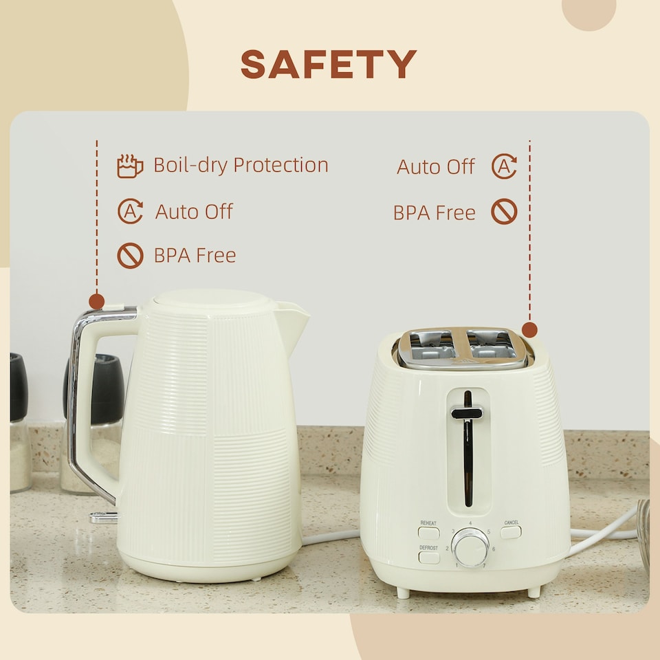 image 1 of HOMCOM 1.7L Fast Boil Electric Kettle and 2 Slice Water Toaster Set, Cream
