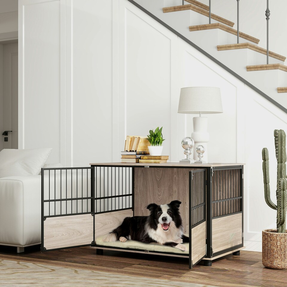 image 1 of PawHut 100cm Dog Crate Furniture Dog Cage End Table Indoor w/ Doors, Cushion