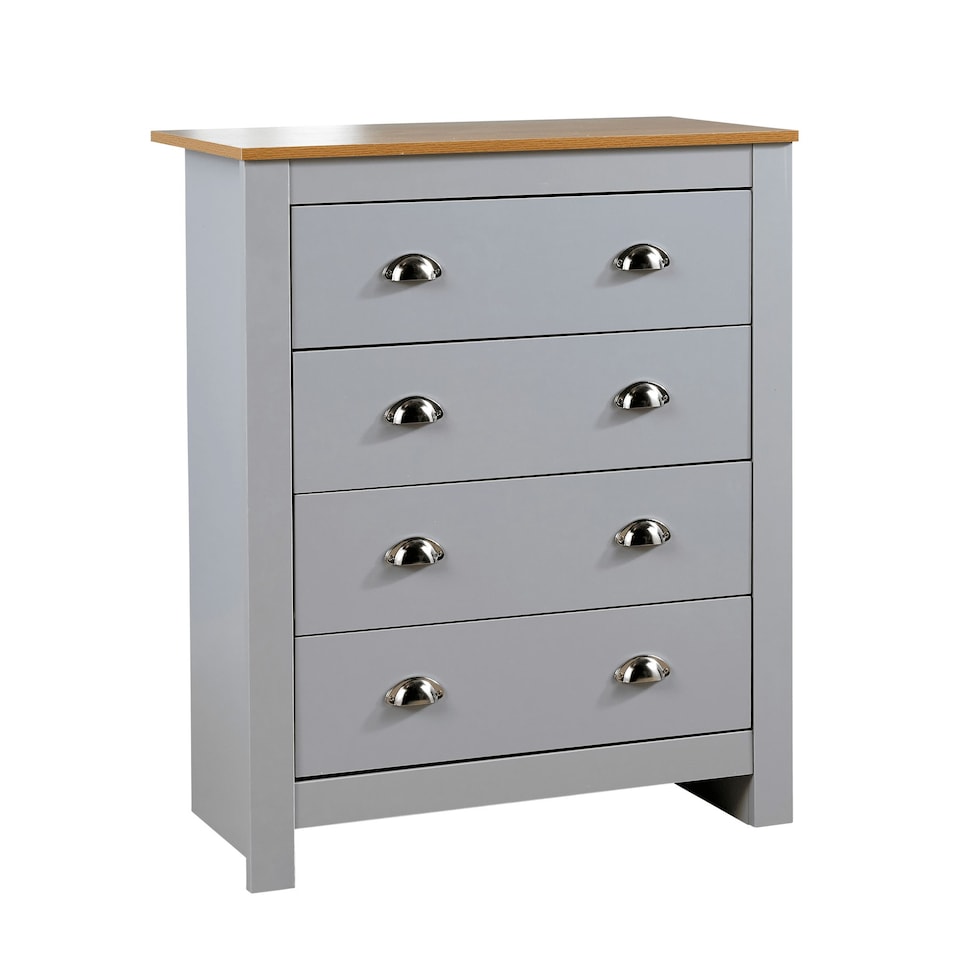 image 1 of Chest 4 Drawers Bedroom Furniture Oak Top Metal Handles Grey