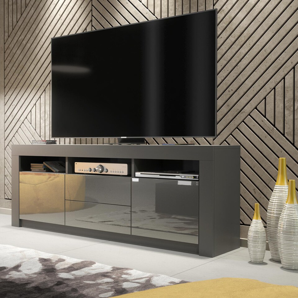 image 1 of TV Unit TV Stand Media Cabinet Sideboard Grey High Gloss Storage 160cm