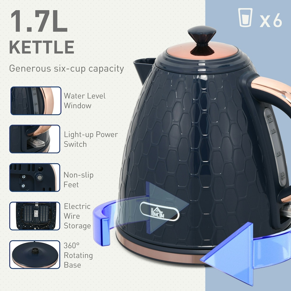 image 1 of HOMCOM 1.7L Kettle and Toaster Set with Defrost Reheat and Crumb Tray Blue
