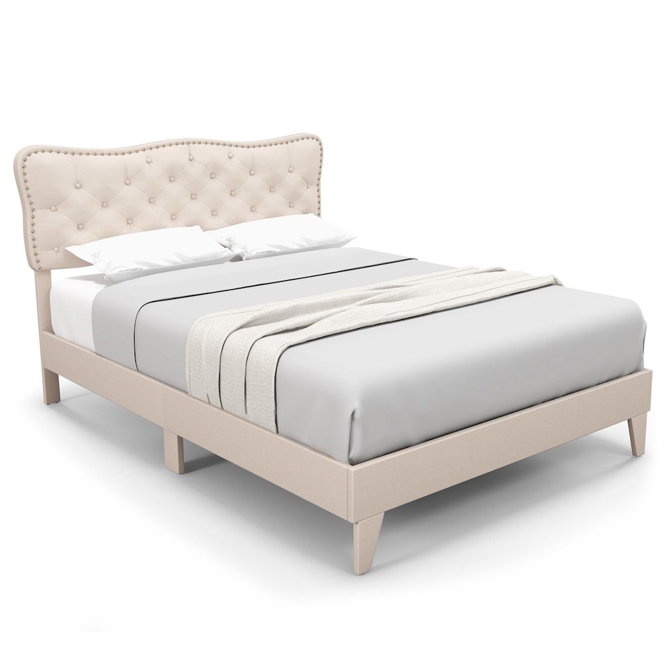image 1 of COSTWAY Double Linen Upholstered Platform Bed Frame Cream