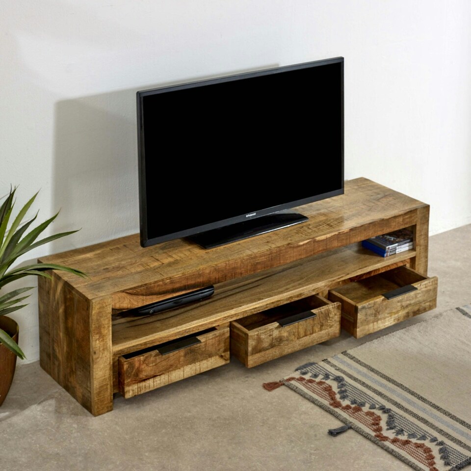 image 1 of Valor Mango Wooden Large TV Stand With 3 Drawers Brown