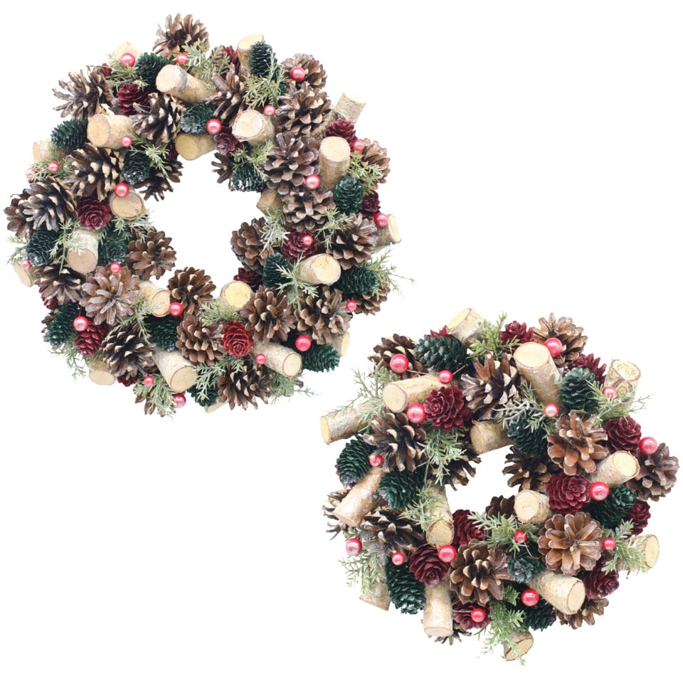 image 1 of Christmas Wreath Festive Decoration with Jute Hanger Traditional Pinecone Decor | Multi | Red, Green & Wood | 34cm | 1