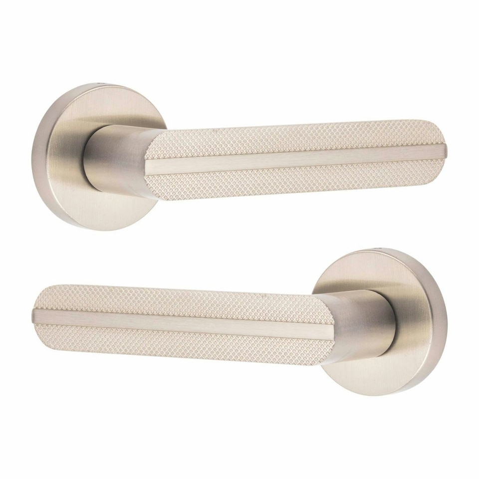 image 1 of Golden Grace Modern Lima Knurled Euro Lock Door Handles in Satin Nickel Finish with 70mm Key and Thumbturn Barrell Grey