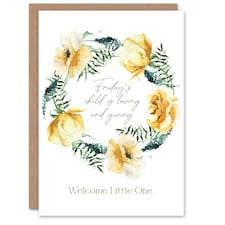 Friday's Child Loving and Giving Floral Wreath New Baby Card