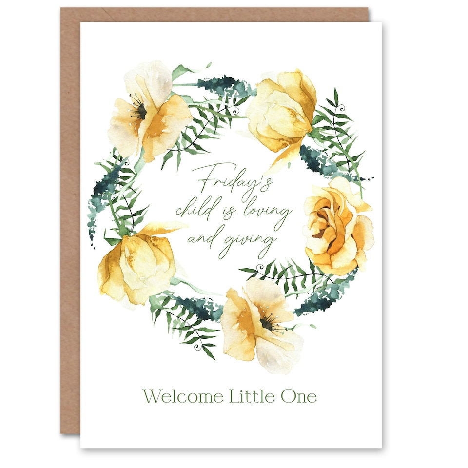 image 1 of Friday's Child Loving and Giving Floral Wreath New Baby Card