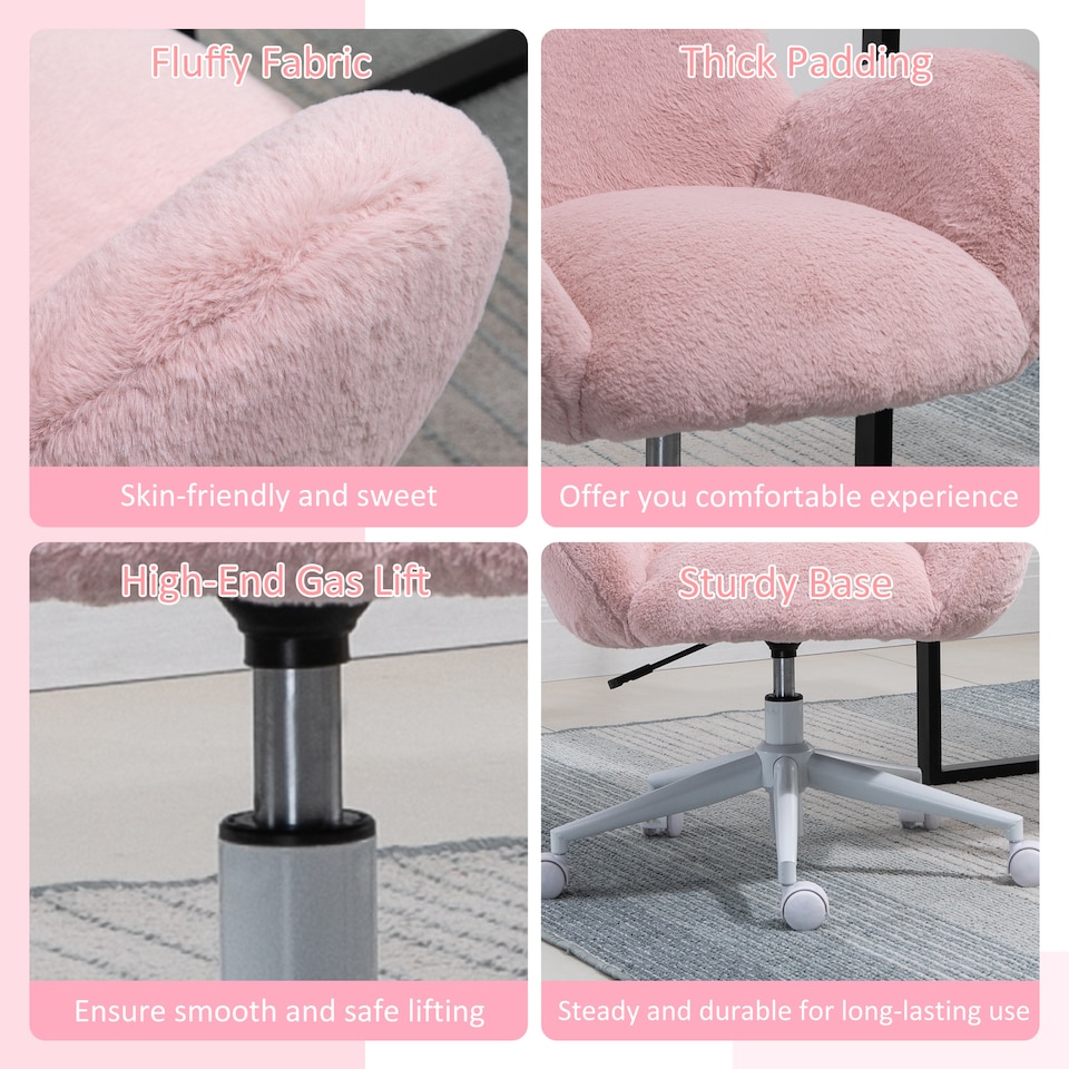 image 1 of HOMCOM Fluffy Desk Chair, Cute Makeup Vanity Chair with Rolling Wheels for Home Bedroom Living Room, Pink