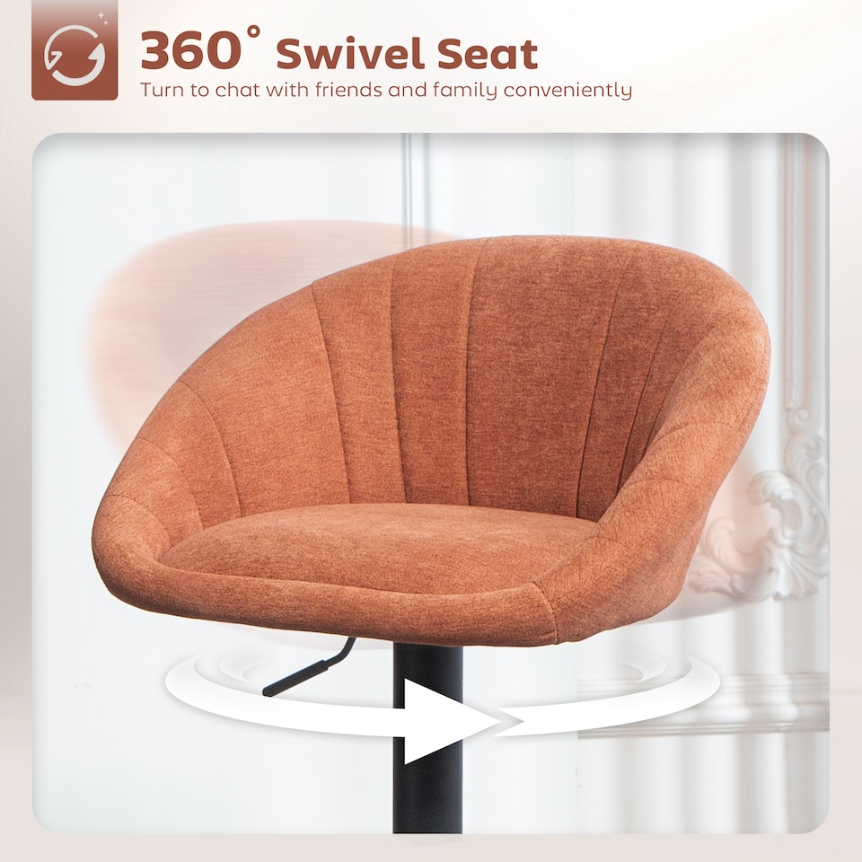 image 1 of HOMCOM Bar Stools Set of 2, Upholstered Swivel Barstools, Height Adjustable Breakfast Bar Chairs with Backrest and Footrest for Kitchen Island Counter, Dining Room, Orange | Orange