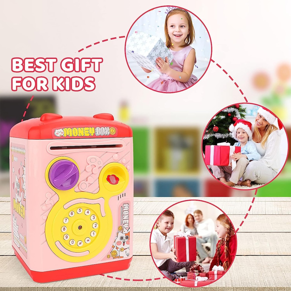 image 1 of Electronic Money Bank for Kids Pink Password & Fingerprint Toy ATM Piggy Bank Secure, Fun & Educational Savings Box