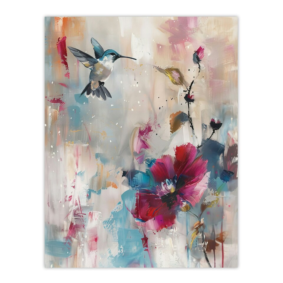 image 1 of Hummingbird Zinnia Flower Blooms Oil Living Room Black Framed Wall Art Print A4