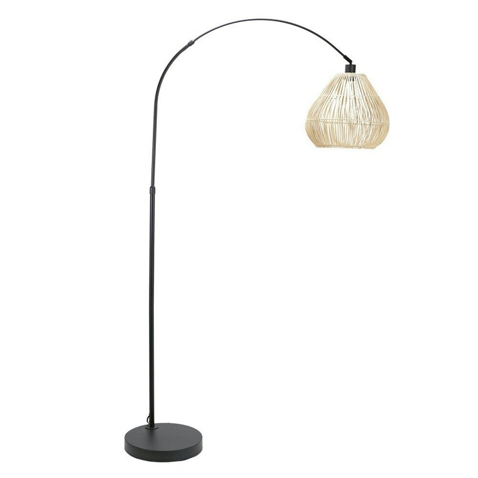image 1 of ValueLights Louis Black Arched Curved Floor Lamp with Rattan Teardrop Lamp Shade