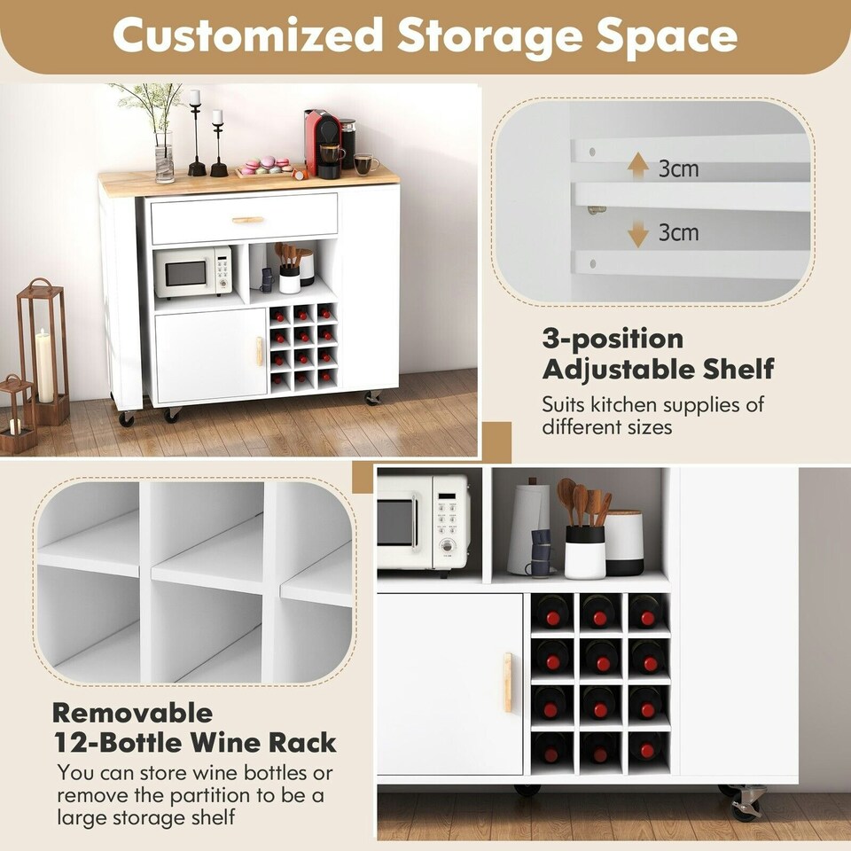 image 1 of COSTWAY 2-in-1 Kitchen Island Bar Table Storage Trolley White