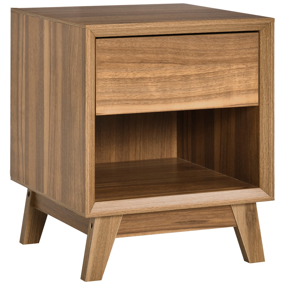 image 1 of HOMCOM Modern Bedside Table Nightstand, Living Room End Table, Side Table with Drawer and Shelf, Walnut Brown