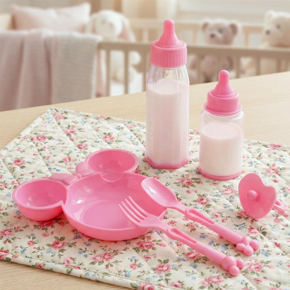 image 1 of BiBi Doll Feeding Set 6 Pc Baby Doll Accessory Playset Pink Plate Utensils