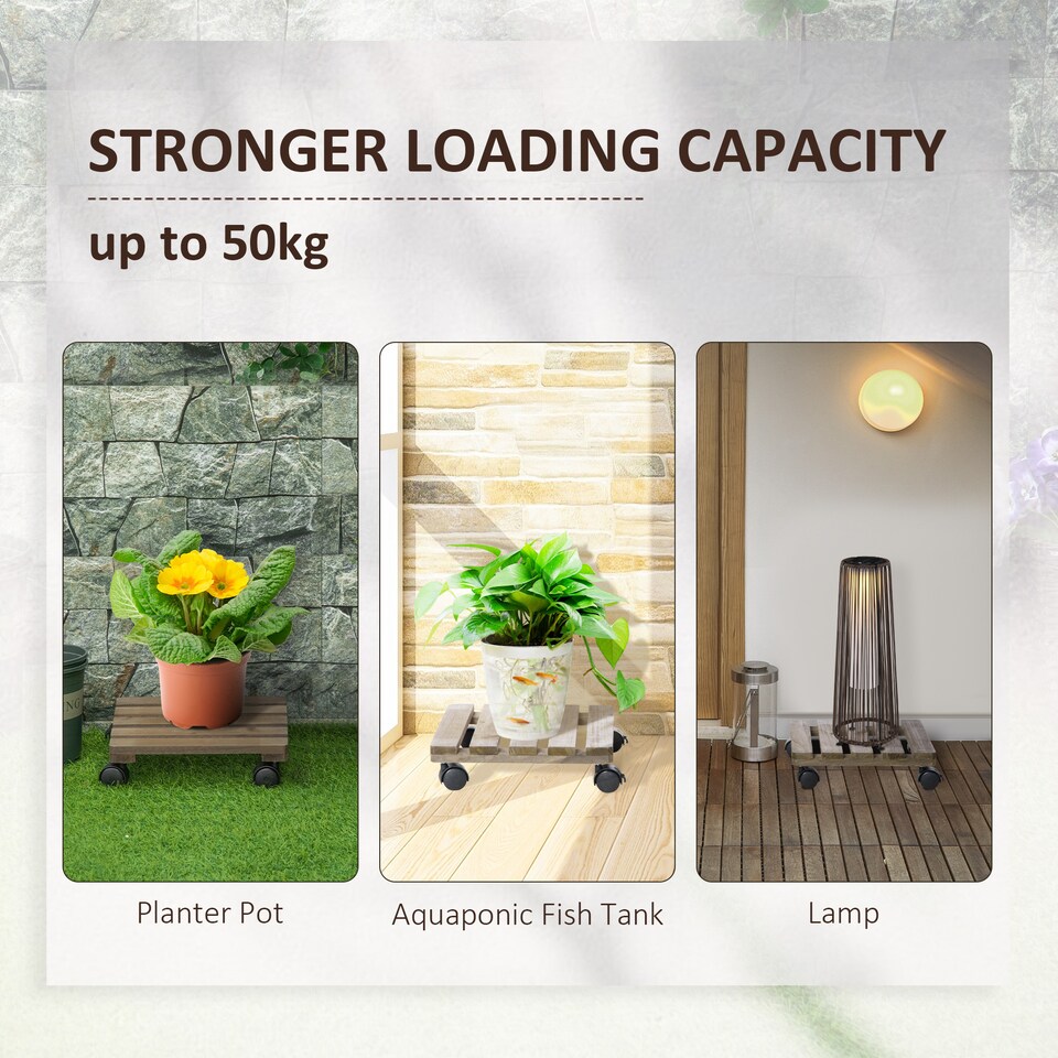 image 1 of Outsunny 2 Pack Plant Caddy with Wheels, Square Wooden Plant Pot Trolley | Brown | Dark brown | 30 x 30 x 7 cm