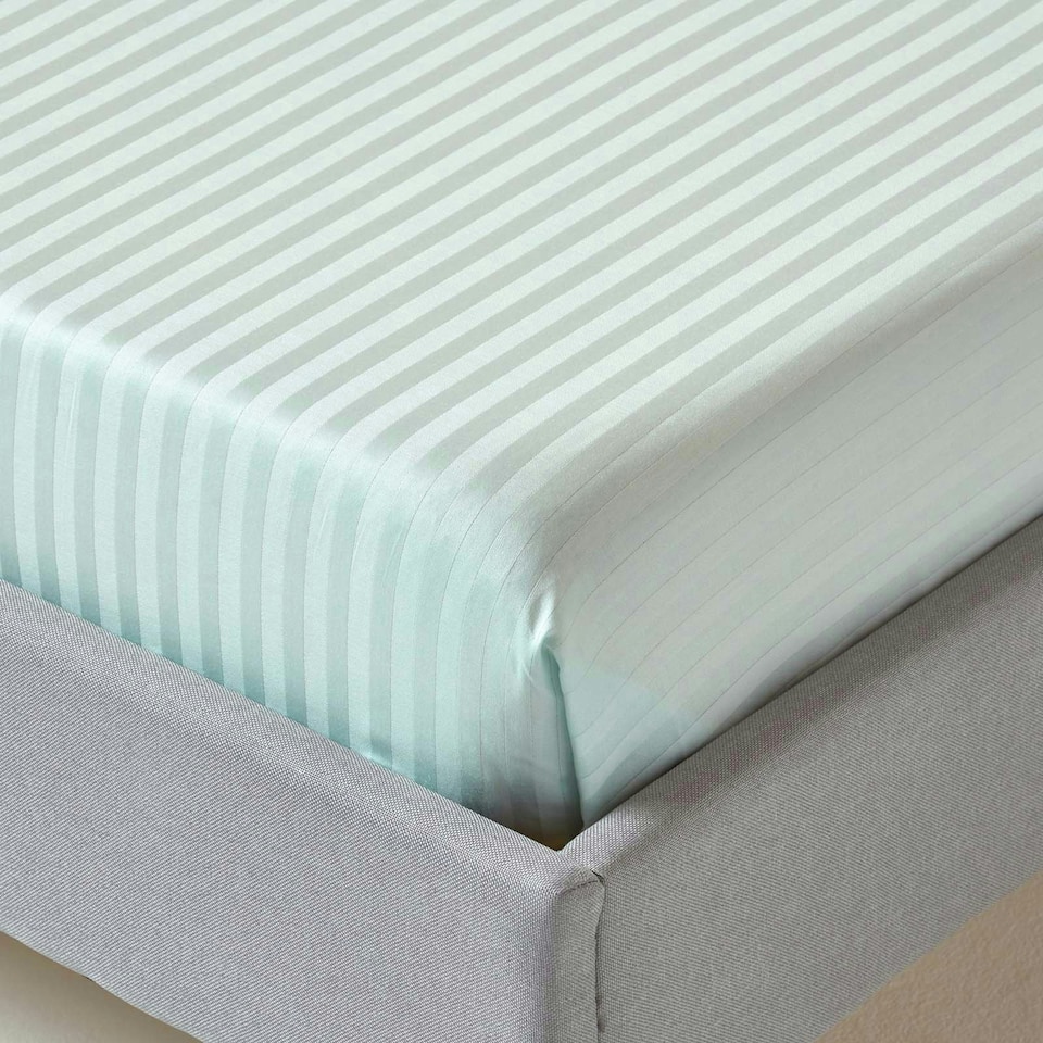 image 1 of Homescapes Blue Egyptian Cotton Satin Stripe Flat Sheet 330 TC, Double Blue | Double