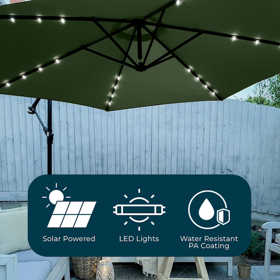 image 1 of Apollo 3m Banana Cantilever Parasol with Built in LED Lights Green | Green