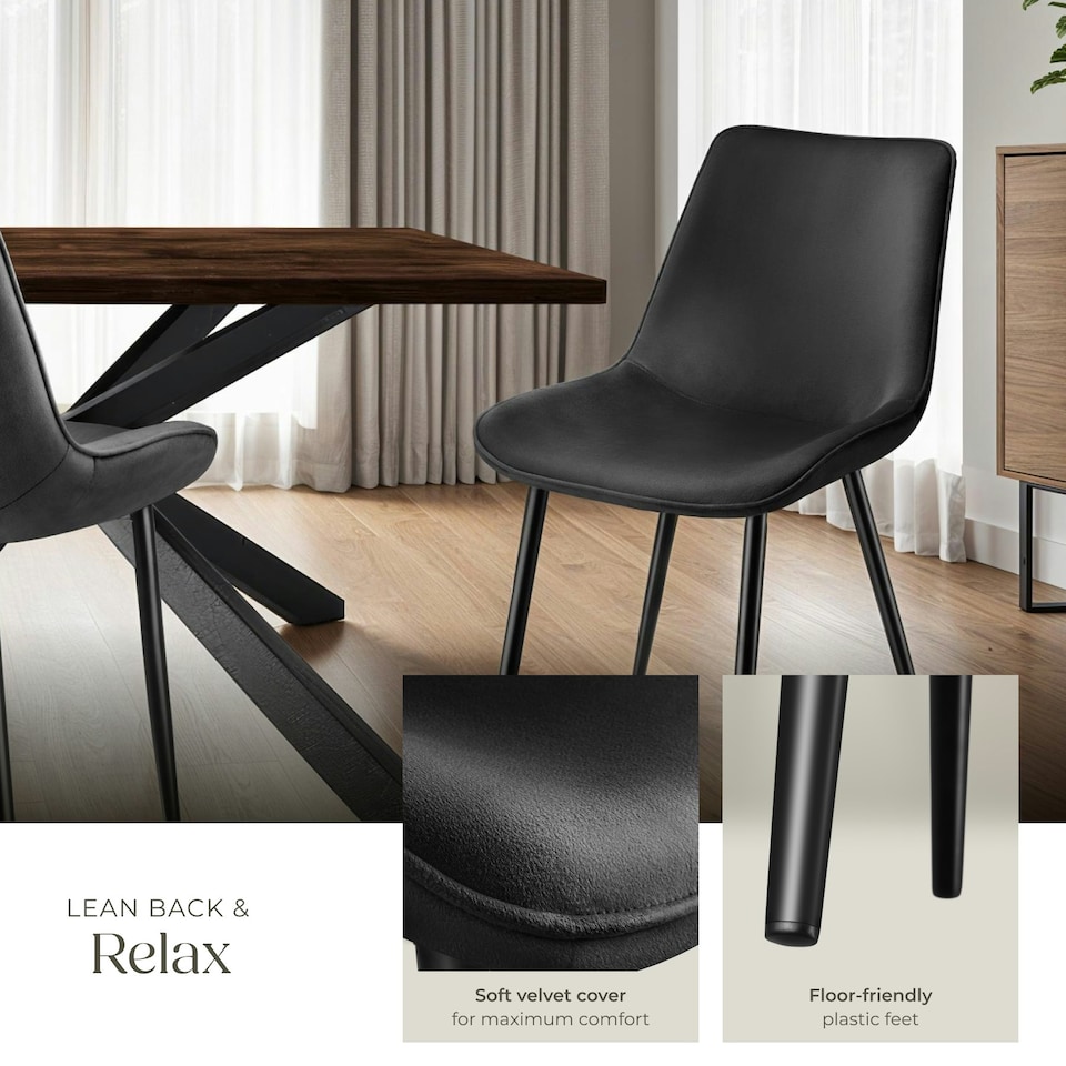 image 1 of Dining Chair Monroe - padded, velvet look, ergonomic seat, black steel legs - Set of 6 Black