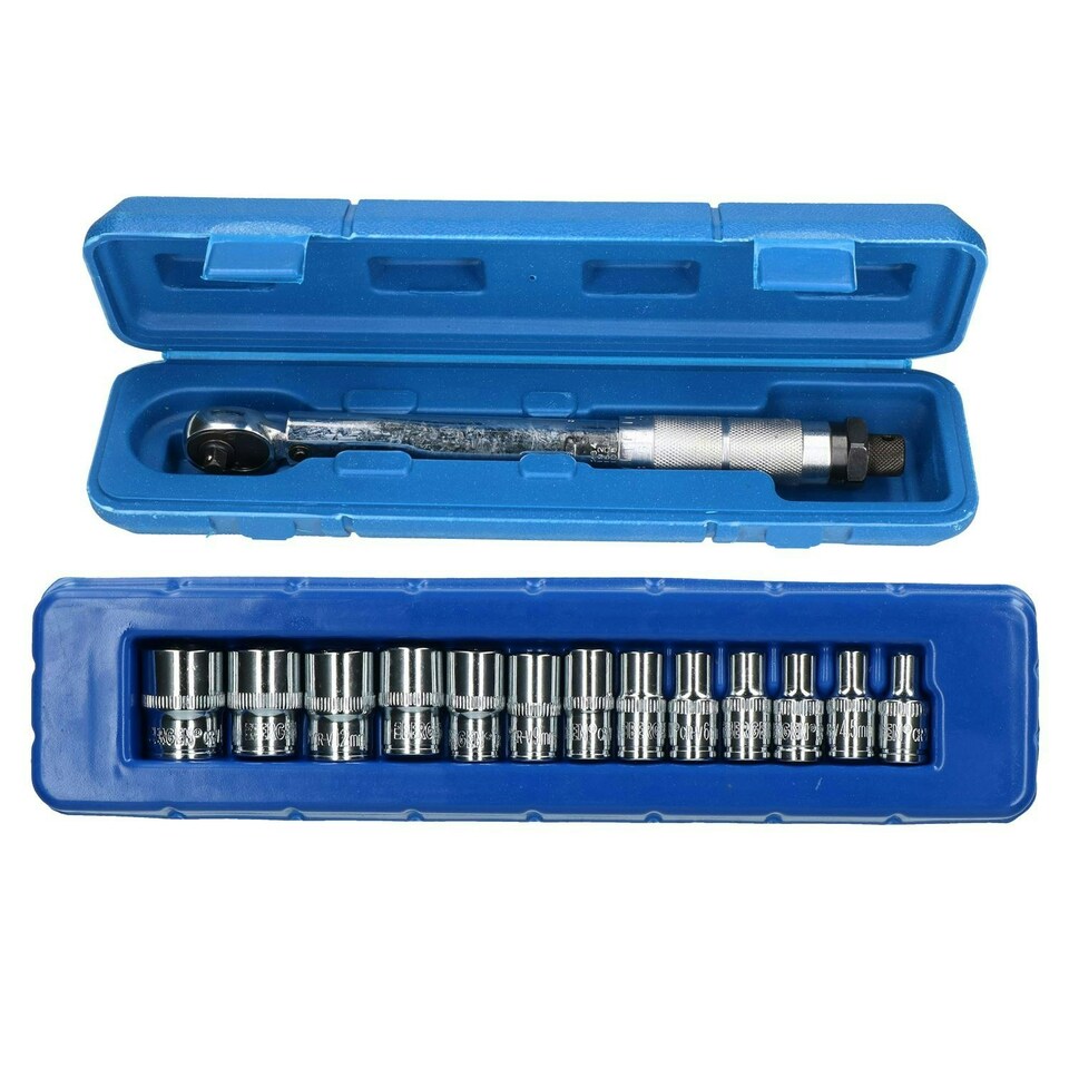 image 1 of 1/4" Drive Torque Wrench 5 - 25 Nm + Metric 6 Sided Shallow Sockets 4 - 14mm