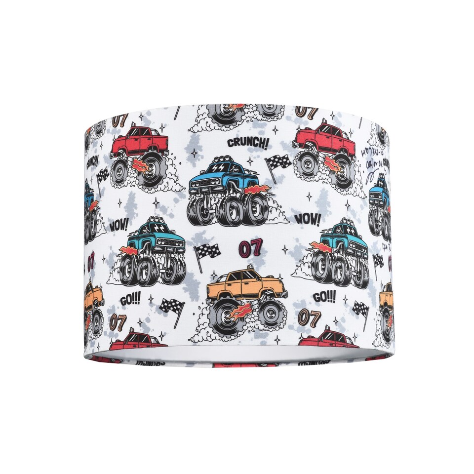 image 1 of Modern and Colourful Monster Trucks Kids Cotton Fabric Drum Lamp Shade - 25cm | Multi | 10"
