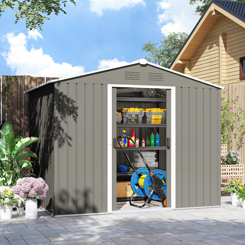 image 1 of Outsunny 7.7 x 5.7ft Metal Garden Shed with Ventilation Slots and Sliding Doors, Galvanised Outdoor Tool Storage House, Light Grey