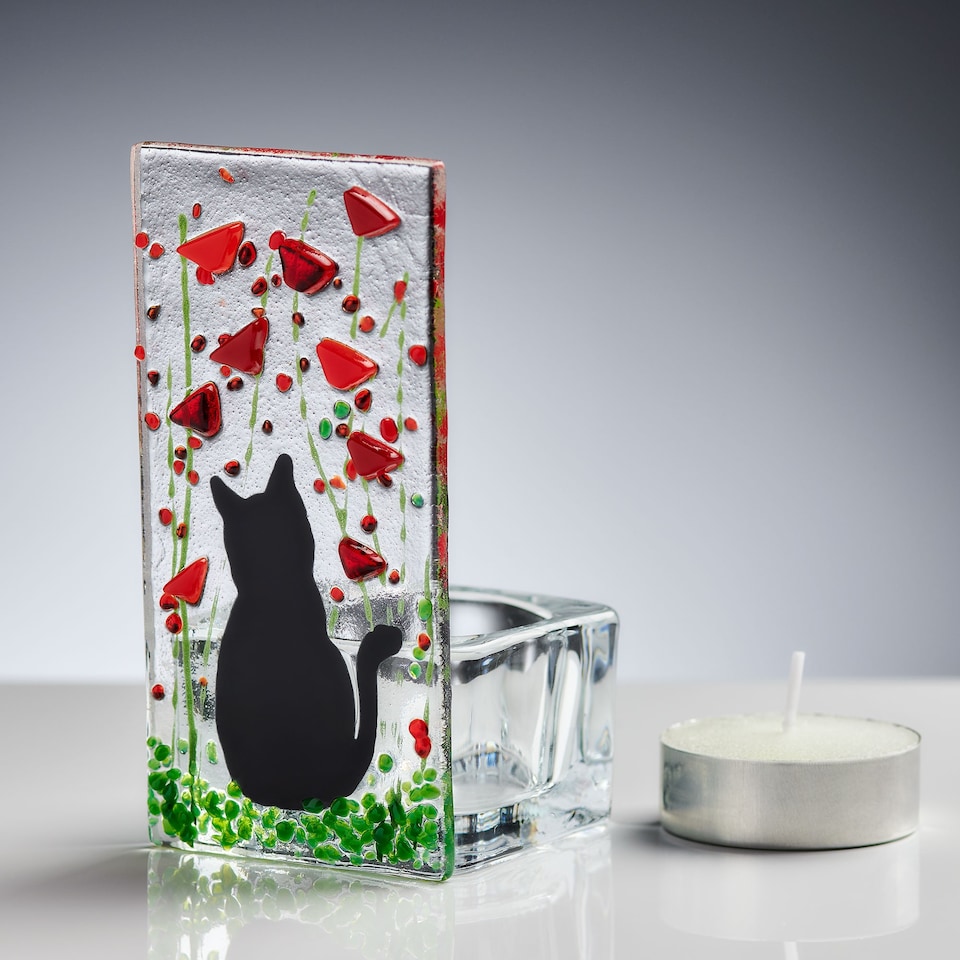 image 1 of Fused Glass Tea Light Holder – Cat & Poppy Design (Handmade)