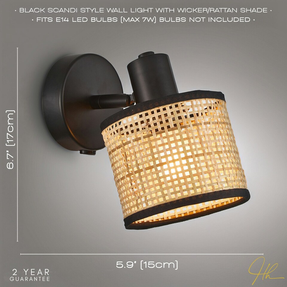 image 1 of Natural Woven Rattan Switched Wall Light Fitting with Black Cotton Fabric Trim