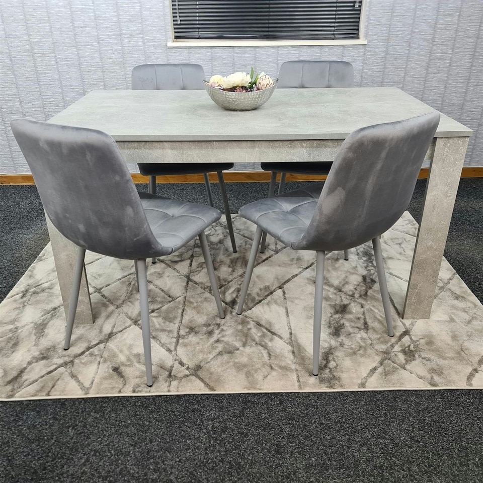 image 1 of Dining Table with 4 Grey Velvet Chairs Stone Grey Effect Wood Table Set for Dining Room Grey