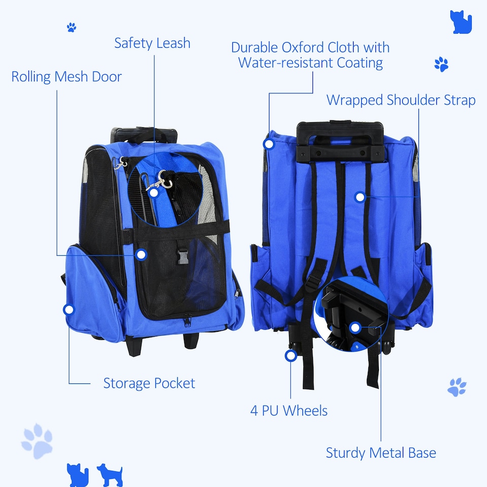 image 1 of PawHut Pet Travel Backpack Bag Cat Puppy Dog Carrier w/ Trolley and Telescopic