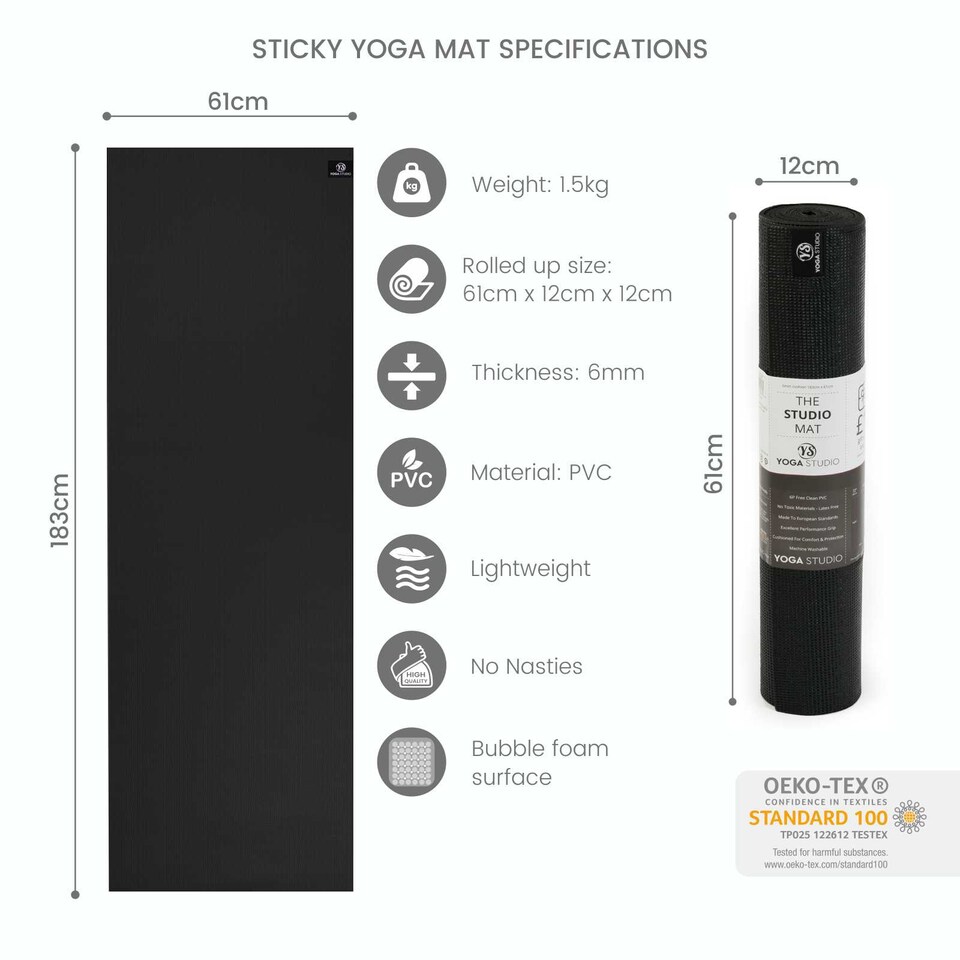 image 1 of Yoga Studio Sticky Yoga Mat 6mm - Black | Black | Black | 183cm x 61cm x 6mm