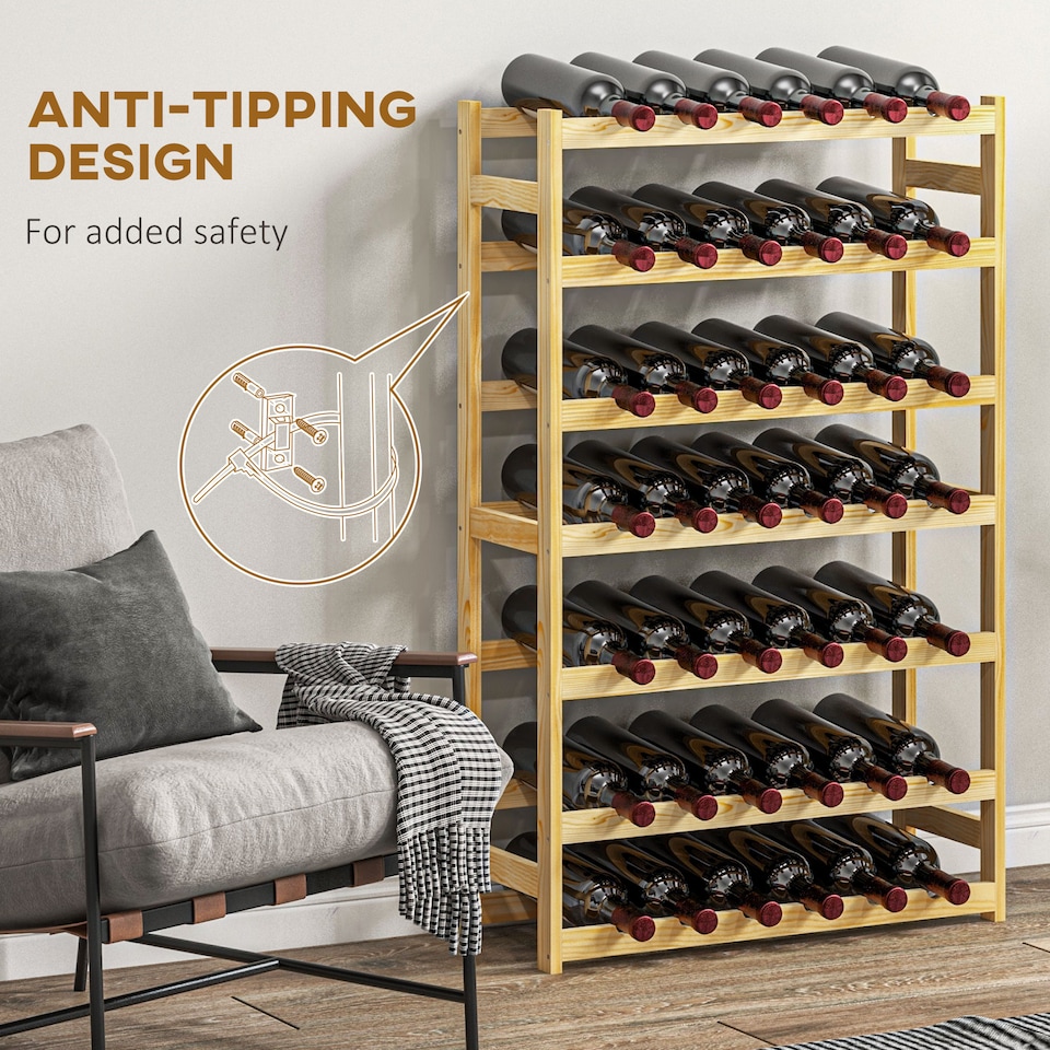 image 1 of HOMCOM Wooden Wine Rack, Free Standing 7-Tier Wine Holder for 42 Bottles, Slim Bottle Rack for Home Bar, 63 x 25 x 102cm, Natural