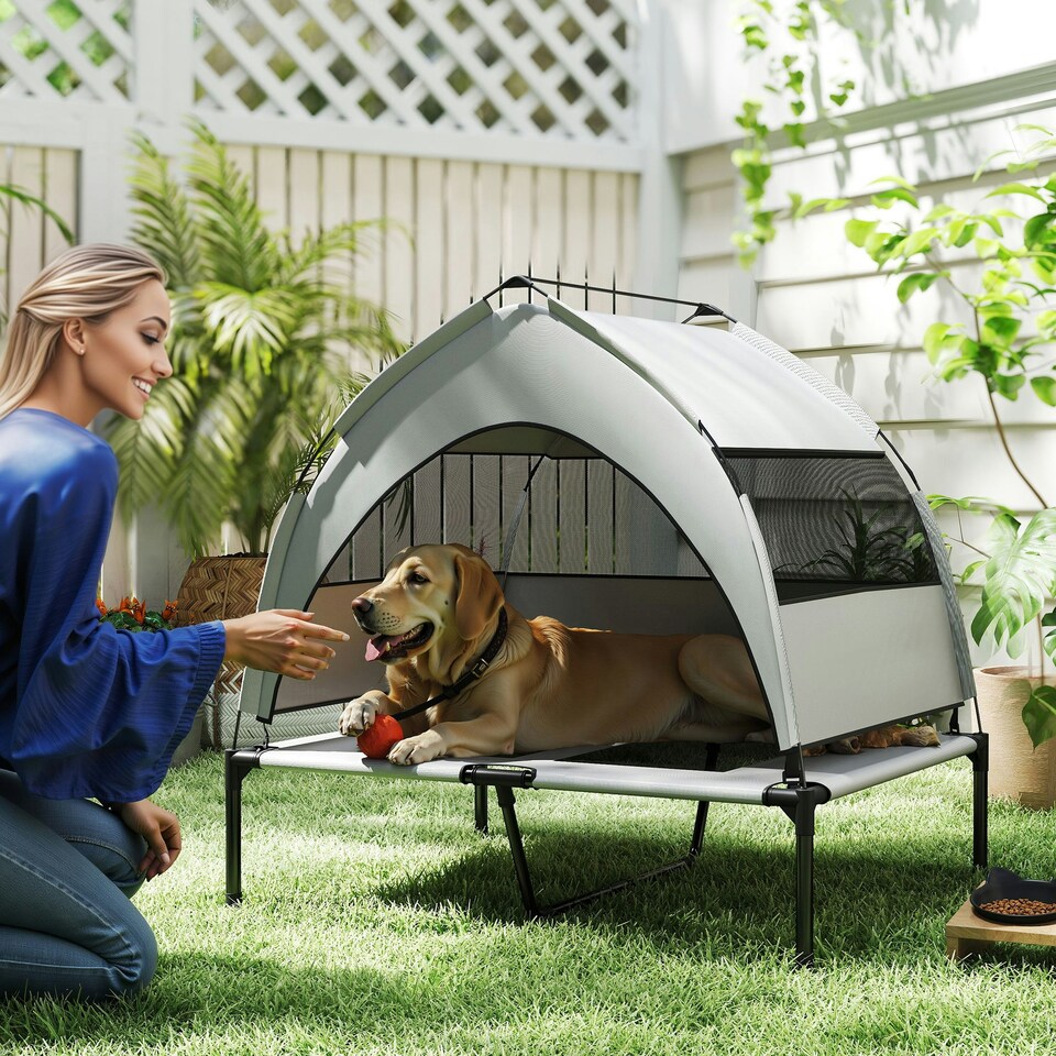 image 1 of PawHut Portable Elevated Dog Bed with Removable Canopy, 92 x 75 x 89 cm Grey | M